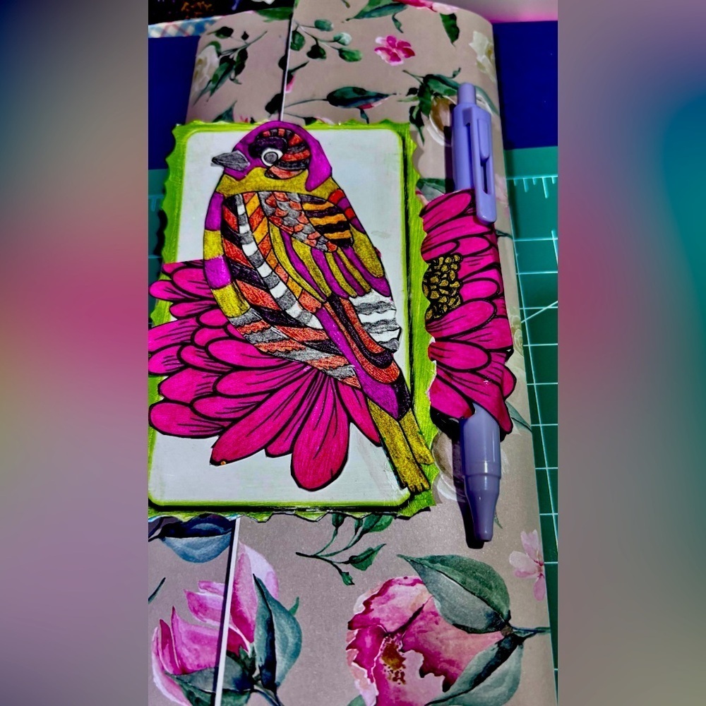 Colorful Bird Art notepad cover folio with Pen Handcrafted